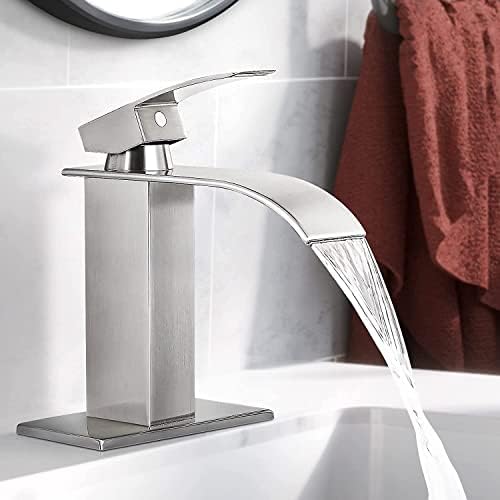 Qomolangma Waterfall Bathroom Faucet, Brushed Nickel Modern Single Handle Bathroom Faucets for 1 or 3 Hole Bathroom Sink Faucet Mixer Tap Washbasin Faucet with Deck, Pop-up Drain and Supply Hoses