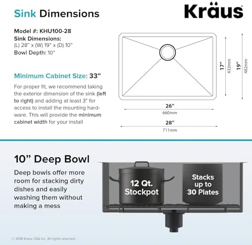 KRAUS Standart PRO 28-inch 16 Gauge Undermount Single Bowl Stainless Steel Kitchen Sink, KHU100-28