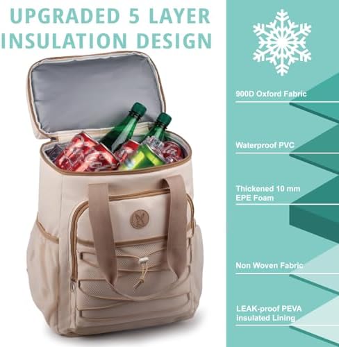 Cooler Backpack with Padded Top Handle, Lightweight Back Pack Coolers Insulated Leak Proof, Large Capacity Ice Chest for Women Men Beach Camping Picnic Fishing Hiking