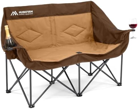 Double Camping Chairs for Adults Oversized Loveseat - 2 Person Camping Chair Heavy Duty Outdoor Camping Couch with Cup Holders - Portable Folding Chair for Outside Lawn, Brown