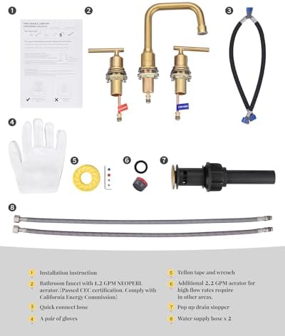 WOWOW Brushed Gold Bathroom Faucet Widespread Bathroom Sink Faucet 2 Handle Lavatory Tap 3 Holes with Drain and Supply Hoses Mordern Basin Taps