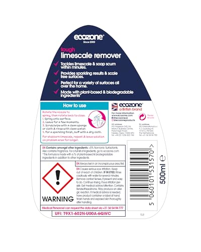 EcoZone Limescale Remover, Powers Through Soap Scum, Bathroom & Kitchen Cleaner De-scaler Spray, Long Lasting Shine & Protection, Natural Ingredients, Vegan Friendly (500ml)