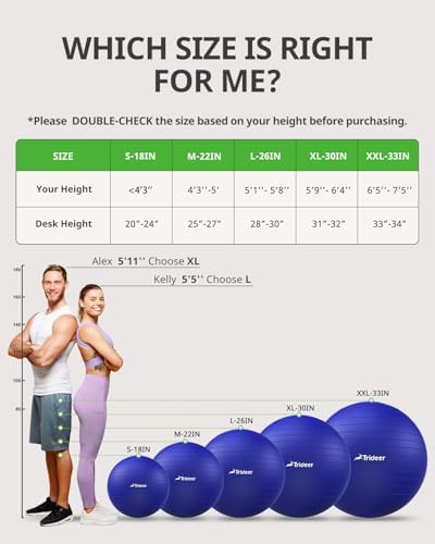 Trideer Extra Thick Yoga Ball Exercise Ball, 5 Sizes Gym Ball, Heavy Duty Ball Chair for Balance, Stability, Pregnancy, Quick Pump Included