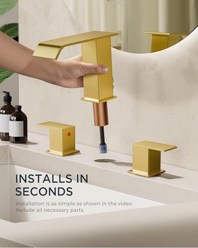 FORIOUS Brushed Gold Bathroom Sink Faucets 3 Hole Widespread, 2 Handles Bathroom Faucet with Pop-up Drain and Flexible Hot and Cold Water Hoses, Suitable for Vanity RV Restroom