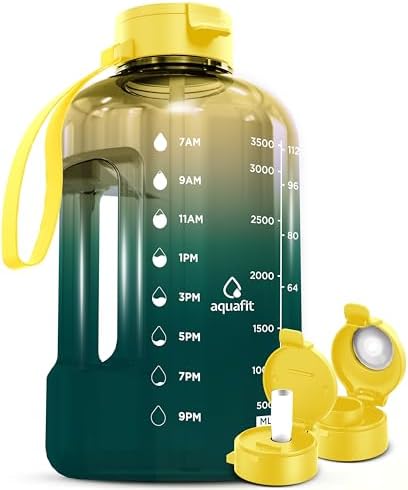 AQUAFIT 1 Gallon Water Bottle with Time Marker - Straw & Chug Lid - BPA Free Big Water Bottle with Straw - Gym Water Bottle with Handle - Gallon Water Jug (128 Ounces, Forest Fade)