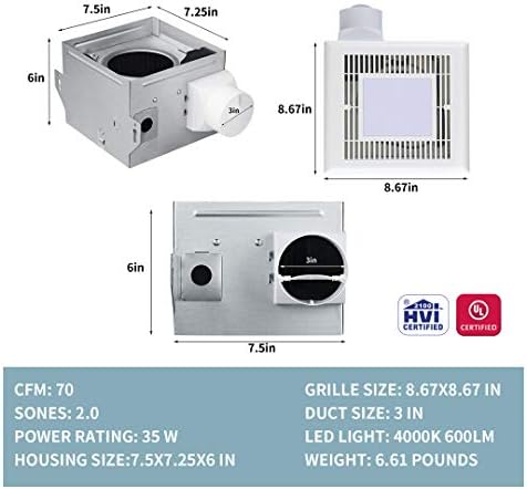 Tech Drive Very-Quiet 70 CFM, 2.0 Sone Bathroom Ventilation and Exhaust Fan With LED light 4000K 600LM(70CFM),Ceiling Mounted Fan,Easy to Install