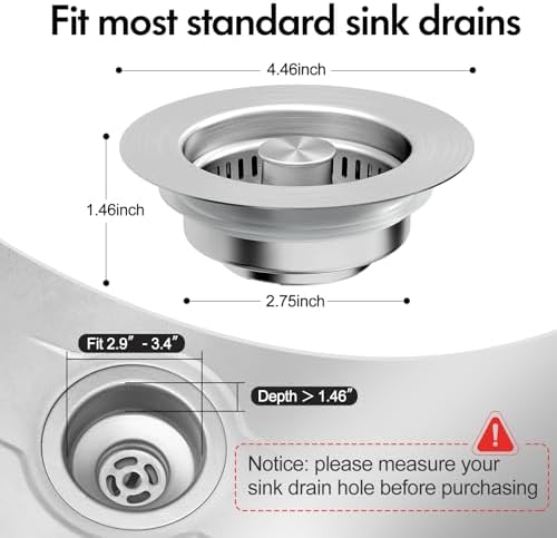 3 in 1 Kitchen Sink Drain Strainer & Sink Stopper, 304 Stainless Steel Pop Up Sink Drain Stopper with Anti-Clogging Basket for US Standard (Silver - 2 Pack)