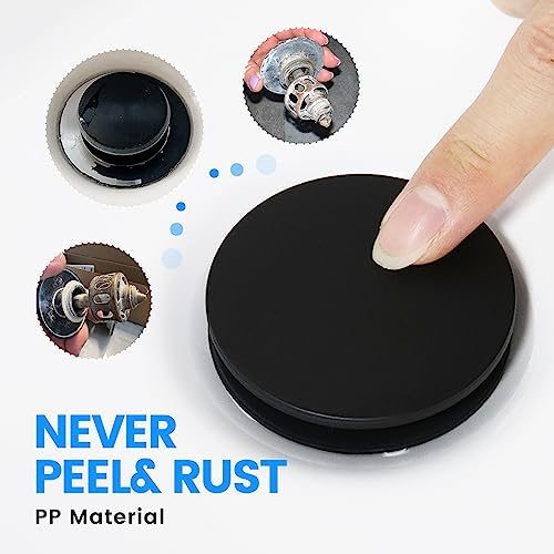 Bathroom Sink Drain with Overflow, Universal Bathroom Sink Stopper for Bathroom Vanity Vessel Sink, Rapid Draining Plastic Pop-up Sink Drain with Hair Catcher Anti-Clog Strainer, 2 Pack, Matte Black