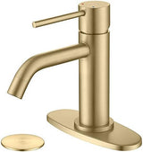 Brushed Gold Bathroom Faucet Single Hole, JXMMP Brass Single Handle Bathroom Sink Faucet with Pop Up Drain Assembly and 6 inch Deck Plate