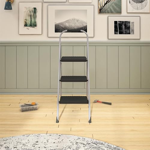 Cosco 11408PBL1E Three Step Big Step Folding Step Stool with Rubber Hand Grip, Grey