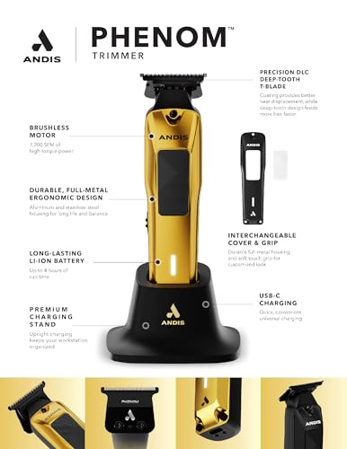 Andis 562310 Phenom Professional Cord/Cordless Lithium-ion Electric Beard & Hair Trimmer with Charging Stand, Gold