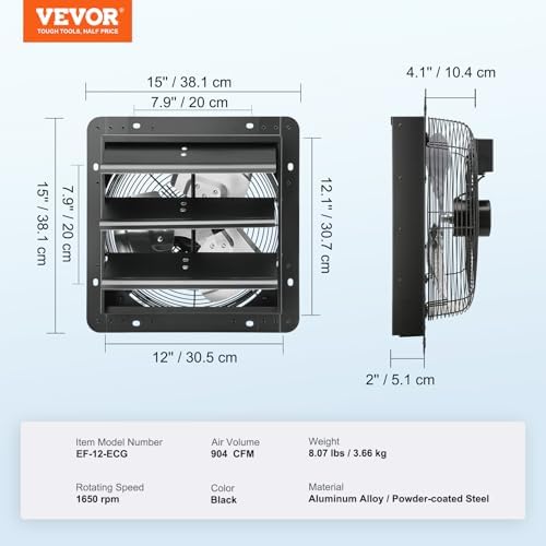 VEVOR 12-Inch Exhaust Fan with Temperature Humidity Controller, 940 CFM, 10-Speed Adjustable, ETL Listed, Black