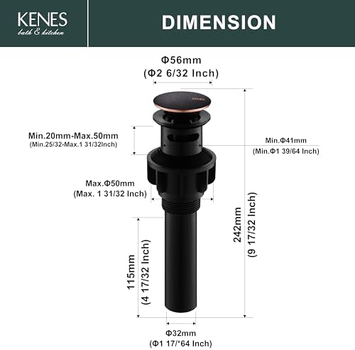 KENES Oil Rubbed Bronze Pop Up Sink Drain, Bathroom Vessel Lavatory Vanity Faucet Sink Drain Stopper, Sink Drain Assembly with Overflow Anti Clog Pop Up Drain