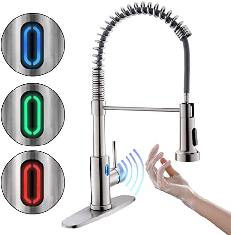 OWOFAN Touchless Kitchen Faucet with Pull Down Sprayer LED Light Single Handle Kitchen Sink Faucet Motion Sensor Smart Hands-Free, Stainless Steel Brushed Nickel 1080SN