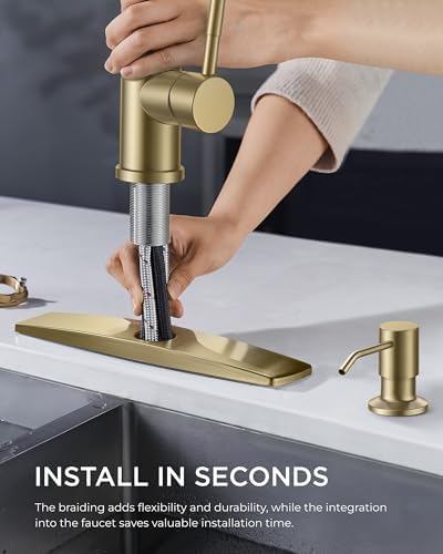 FORIOUS Gold Kitchen Faucet with Soap Dispenser and Pull Down Sprayer, High Arc Single Handle Classic 3 Modes Stainless Steel Faucet for Kitchen Sink Farmhouse RV Bar Laundry Camper