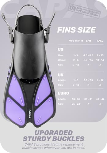 CAPAS Snorkel Fins, Swim Fins Travel Size Short Adjustable for Snorkeling Diving Adult Men Women Kids Open Heel Swimming Flippers