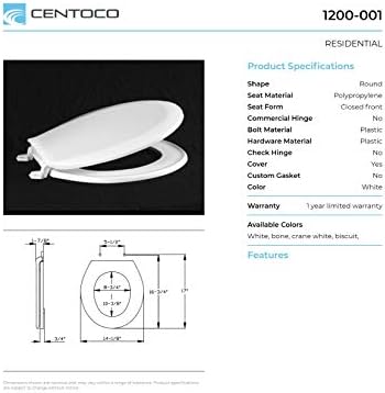 Centoco 1200-106 Round Plastic Toilet Seat, Standard Economy Model, Light Weight Residential, Bone