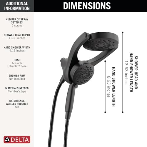 Delta Faucet 5-Setting HydroRain 2-in-1 Dual Shower Head with ProClean Spray, Matte Black Round Shower Head with Hose, Hand Held Shower Head, Matte Black 75419BL