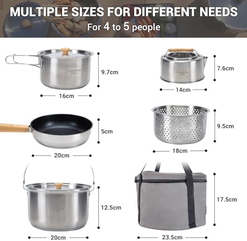 KingCamp Camping Cookware Set 304 Stainless Steel Campfire Cooking Pots Pan and Kettle with Travel Tote Bag for Camping Outdoor Kitchen Cooking Picnic for 4-6