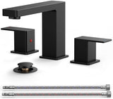 FORIOUS Black Bathroom Faucets 3 Hole, 2 Handle 8 Inch Widespread Bathroom Sink Faucet Matte Black Square for 6-12" Sink Remodel with Pop Up Drain, CUPC Hose and Spare Water Saving Aerator