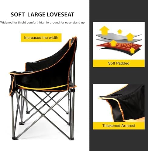 FAIR WIND Oversized Fully Padded Camping Chair Folding Loveseat Camping Couch Double Duo Chair Heavy Duty Quad Fold Arm Chair with Cup Hold - Supports 650 LBS Orange