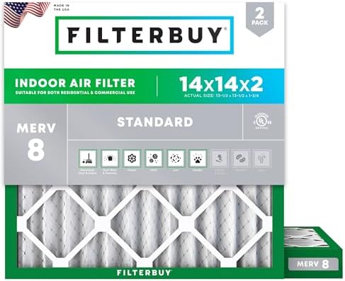 Filterbuy 14x14x2 Air Filter MERV 8 Dust Defense (2-Pack), Pleated HVAC AC Furnace Air Filters Replacement (Actual Size: 13.50 x 13.50 x 1.75 Inches)