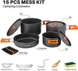 Odoland 15pcs Camping Cookware Non-Stick Lightweight Camping Pots and Pans Set with Plastic Plates Bowls Soup Spoon for Camping, Backpacking, Outdoor Cooking and Picnic