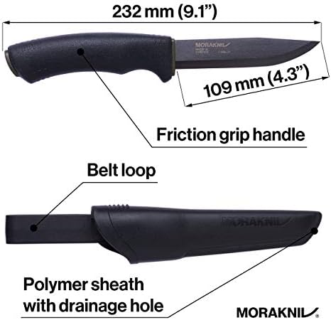 Morakniv Carbon Steel Fixed-Blade Bushcraft Knife with Sheath, Black, 4.3 Inch