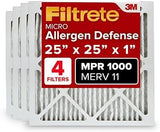 Filtrete 25x25x1 AC Furnace Air Filter, MERV 11, MPR 1000, Micro Allergen Defense, 3-Month Pleated 1-Inch Electrostatic Air Cleaning Filter, 4 Pack (Actual Size 4-Pack 24.688x24.688x0.813 in)