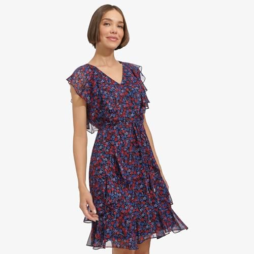 Tommy Hilfiger Women's Ruffle Trim Tie Waist Chiffon Mini Dress