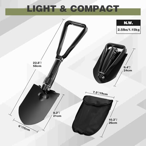 REDCAMP 23" Military Folding Camping Shovel w/Cover,Portable Shovel with High Manganese Steel, Tactical Entrenching Tool Tri-fold Handle Shovel for Camping Hiking Sand Mud Snow Beach, Black 2.5Lbs