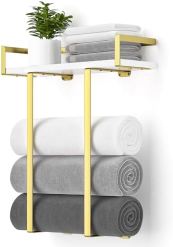 Towel Racks for Bathroom Wall Mounted, Metal Towel Holder with Wooden Shelf for Folding Large Towels, Towel Storage for Small Bathroom Organizer Decor or RV Camping,Gold
