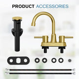 Gold Bthroom Faucet, Brushed Gold Bathroom Faucet, Gold Faucets for Bathroom Vanity, 4 Inch 2 Handle Centerset, Lead-Free, with Copper Pop Up Drain (Brushed Gold)
