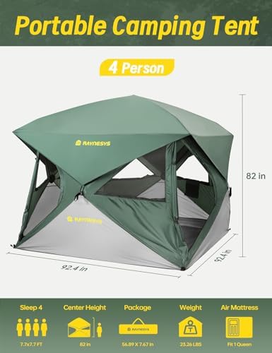 Camping Tent,Instant Cabin Tent, Setup in 60 Seconds, 4 Person Pop up Tents for Camping, Hub Tents, Rainfly, Windproof, UV Resistant, Large Camping Tent Sun Shelter with Removable Floor