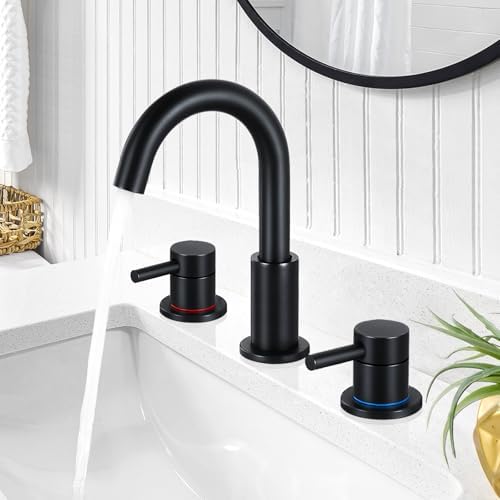 FGKQ Black Bathroom Faucet for Sink 3 Hole, Bathroom Sink Faucet with Pop Up Drain, 8 Inch Widespread Vanity Faucet 3 Hole, 360° Swivel Two Handle with Supply Lines