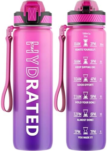 Water Bottle with Straw, 32oz Motivational Water Bottles with Time Marker to Drink, Tritan BPA Free, 1L Sports Water Bottle with Carry Strap LeakProof for Women Gym Fitness Outdoor (1 Pack)