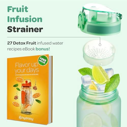 Hydracy Water Bottle with Time Marker -Large BPA Free Water Bottle & No Sweat Sleeve -Leak Proof Gym Bottle with Fruit Infuser Strainer & Times to Drink -Ideal for Fitness Sports & Outdoors