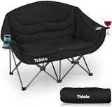 Double Camping Chairs, Oversized Loveseat Camping Chairs for Adults, Outdoor Folding Chairs Lawn Chairs Camping Couch with Cup Holder & Wine Glass Holder for Outside - Support 600Lbs (Black)