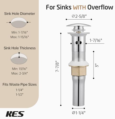 KES All Metal Bathroom Sink Drain with Strainer Basket Hair Catcher Anti Clog Pop Up Drain Stopper for Vanity Vessel Sink with Overflow, Rustproof 18/8 Stainless Steel Polished Chrome S2013A-CH