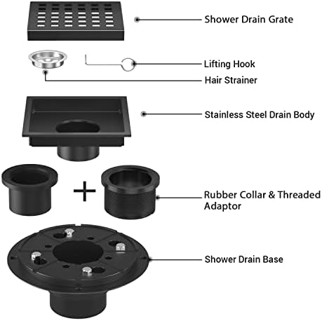 EXF Square Shower Drain 4-3/8 Inch Matte Black, Stainless Steel Shower Floor Drain Kit with ABS Flange, Removable Cover Grid Grate, Hair Strainer