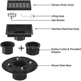 EXF Square Shower Drain 4-3/8 Inch Matte Black, Stainless Steel Shower Floor Drain Kit with ABS Flange, Removable Cover Grid Grate, Hair Strainer