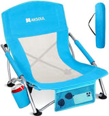 AKSOUL Folding Beach Chair for Adults: Low/High Back Chairs with Carry Bag - Extra Wide Seat Chair with Comfortable Pillow & Storage Pocket (1 Pack & 2 Pack, Blue)