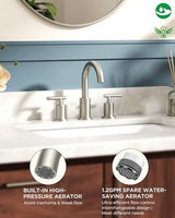 FORIOUS 8 In Widespread Brushed Nickel Bathroom Faucet 3 Hole with Metal Pop Up Drain and 24 Inch Supply Hose, 2 Handle 3 Hole Vanity Faucet for Bathroom Sink Brush Nickel with 360 Degree Swivel Spout