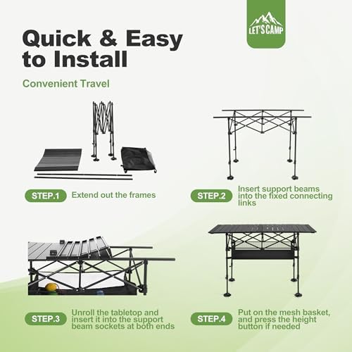 LET'S CAMP Folding Camping Table, Portable Aluminum Roll-up Picnic Backpacking Table with Adjustable Height, Large Storage and Carrying Bag for Picnic, Camping, BBQ, Party, Backyard, Beach
