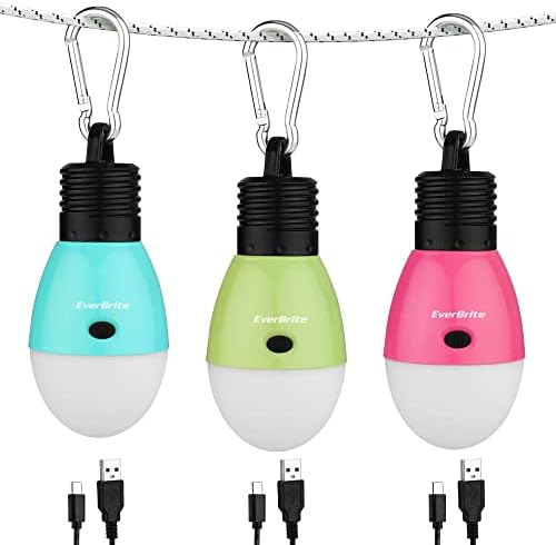 EverBrite Rechargeable Camping Light, Portable Tent Lantern, 3 Lighting Modes, Hanging Tent Light Bulbs with Clip Hook for Hiking, Fishing, Backpacking, Emergency and More(3 Pack)