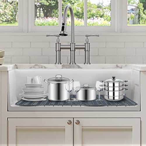 GUUKIN Sink Protectors for Kitchen Sink - 29"x 15.35" Silicone Kitchen Sink Mat Grid for Bottom of Farmhouse Stainless Steel Porcelain Sink with 3 Reserved Holes（Grey）