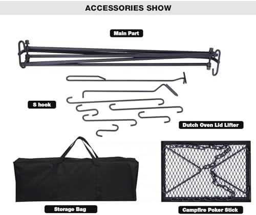 REDCAMP Grill Swing Campfire Grill Stand with Iron Grill Grate, Collapsible Campfire Cooking Rack w/6 Hooks,Portable Cookware Hanging Rack Outdoor Camping Bonfire for Cookware & Dutch Oven,Rectangle