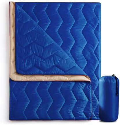 UNIKOME Outdoor Packable Travel Blanket, Lightweight Waterproof Puffy Down Alternative Camping Blanket With Corner Loops, 75'x52', Blue