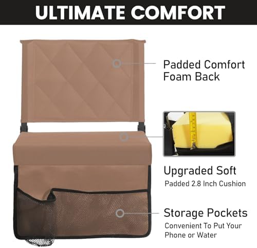 Sheenive Stadium Seats with Back Support, Portable, Lightweight, Foldable, 17.1 x 13.5 Inches, Khaki, Foam Cushion, Rubber
