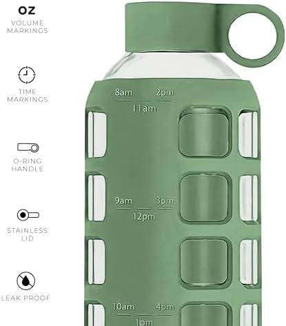 purifyou 40/32/22/12 oz Borosilicate Glass Water Bottles with Volume Markers, Silicone Sleeve, Stainless Steel Lid, Reusable Bottle for Water, Juice, Gym, and Fridge Storage (22oz Shale Green)